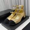 2023 designer luxury Sexy Round toe heel sandals classic womens genuine leather Black/white/Golden metal buckle anklet decoration sandal ladys Square heels shoes