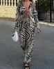 Calças femininas de duas peças zebra listrado impressão 2 outfits manga longa lapela v pescoço rendas camisa cordão loungewear streetwear