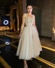 Gorgeous A Line Prom Dresses Square Neck Beaded Glitter Party Evening Dress Tea Length dresses for special occasions