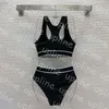 Women Sport Vest Swimwear Letter Print Pad Bikinis Quick Dry High Waist Split Swimsuit Outdoor Beach Swimming Biquinis