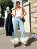 Jeans pour femmes Mode Femmes Denim Pantalon Taille Haute Épissé Plume Bleu Clair Fermeture À Glissière Lâche Droite Coton Pantalon Automne 2023