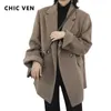 Women's Wool Blends CHIC VEN Women Wool Blend Coat Solid Mid Long Woolen Blazer Thick Warm Blouse Women's Overcoat Office Lady Tops Autumn Winter 231101