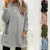 Kobiety bluzy damskie Women Crewneck Fuzzy Bluza Polar Sherpas Pullover długi rękaw swobodny futrzany zimowy ciepły płaszcz z kieszeniami N7YD