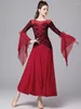 Stage Wear Bleu Rouge Ballroom Dance Performance Robe Femmes Compétition Professionnelle Flare Manches Tango Waltz Vêtements DL11052