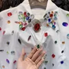 Camicette da donna Donne di lusso Strass Camicie con perline Primavera monopetto Bianco Nero Diamanti Retro OL Cardigan Crop Top Blusas