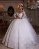 Luxury Lace Wedding Dress 2024 Sparkly Princess Dark V Neck Beading Illusion Sleeve Sweatheart Dress Fluffy Bride Gown Arabic Dubai Vestido De Novia