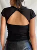 Women's T-Shirt Cryptographic Square Collar Summer Sexy Backless Tops for Women Cropped Short Sleeve Elegant Top Tees Skinny Streetwear Clothes 230331