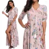 Vestidos de festa Mulheres vestidos longos florais boho estampa florida elegante e decote em vil de body-body body de-gola na praia maxi vestidos bodycon