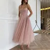 Party Dresses Sexig älskling Spaghetti Stems Sandy Pink Bead Sequin Pocket Tulle A-Line Prom Formal Evening Dress Vestido Formatura