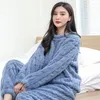 Dames nachtkleding herfst winter warme pyjama set dik flanel effen kleur koraal fleece homewear broek met lange mouwen