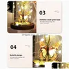 Decorative Flowers Wreaths Decorative Flowers Led Luminous Gold Foil Flower Butterfly In A Glass Dome String Light Solid Wood Base V Dhy3P