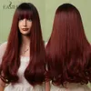 Synthetic Wigs Easihair Burgundy Red Long Synthetic Wigs Black to Dark Ombre for Women Natural Bangs Wine Cosplay 230227