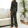 Ropa de dormir para mujer, pijamas con estampado Floral rosa, conjuntos de pijama Retro de dos piezas con hojas verdes de otoño, personalizado de hogar de manga larga con cuello en V