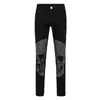 Men's Jeans Men's Stretchy Black Skinny Drill Punk Streetwear Pants Flame Rhinestone Hole Slim Fit Denim Pencil Trousers For Man