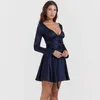 Robes décontractées Suninheart automne et hiver robe à manches longues ceinture bleu marine une ligne mini col en V vêtements pour femmes