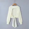 Женские свитера, зимние трикотажные изделия Y2k, корейский модный укороченный женский свитер 2023, осень с галстуком-бабочкой, пуловер с открытой спиной, ажурный топ с длинными рукавами, белый