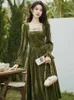 Casual Dresses French Style Autumn Winter Women Warm Dress Square Collar Floral Lace Patchwork Olive Elegant Velvet Delicate Midi