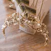 Vintage Barock Goldfarbe Perle Blattbraut -Tiaras Kristallkronhaarbänder Vine Tiara Hochzeit Haarzubehör Braut Stirnband Mode Schmuck Schmuck