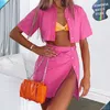 Work Dresses 2023 Sensual Sexy Pink Short Sleeve Polo Neck Shirt Top Suit Summer Button Wrap Hip Half Dress Party Nightclub Mini 2pcs Set