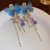 Stud Blue Butterfly Drop Earring For Women Imitation Pearl Crystal Long Tassel Chain Party Wedding Jewelry Gifts 231101