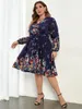 Plus size vestidos elegante vestido longo manga floral com decote em v para feminino 3xl 4xl 5xl 6xl