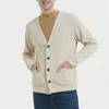 Suéteres para Hombres Primavera Otoño Algodón Suéter para Hombres Cuello En V Manga Larga Bolsillos De Rebeca Botón De Punto Sólido Suelto Moda Casual