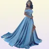 2018 Bourgogne Arabe Robes De Soirée Ciel Bleu Satin Hors Épaule Balayage Train Longue Plus La Taille Fentes Latérales Robe De Bal Formelle Fête Pag1681723