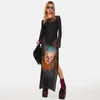 Casual Dresses Women 2023 Autumn Fall Long Sleeve Mesh See Through Streetwear Bodycon Black Dress Clown Print Crew Neck