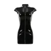 Nuisette Sexy col haut PVC Latex Faux cuir fétiche gothique fermeture éclair femme Mini à lacets Clubwear robe crayon noire 199k