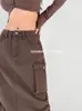 Skirts American Style Retro Solid Color Women Cargo Denim High Waist Multi-Pocket Drawstring Tie Up Mid-long Streetwear