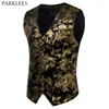 Men's Vests Mens Gold Metallic Paisley Printed Steampunk Vest Single Breasted V Neck Wedding Waistcoat Men Tuxedo Aristocrat Gilet 2XL 230331