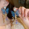 Stud Blue Butterfly Drop Earring For Women Imitation Pearl Crystal Long Tassel Chain Party Wedding Jewelry Gifts 231101