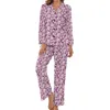 Ropa de dormir para mujer, pijamas con estampado Floral rosa, conjuntos de pijama Retro de dos piezas con hojas verdes de otoño, personalizado de hogar de manga larga con cuello en V