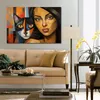 Animal Cat Canvas Poster Photo Print Black Woman with Feline Picture Painting for Office Room Wall Decor