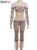 Tweedelige damesbroek Weird Puss Sexy See Through 2-delige set Dames Gestreept Skinny Stretch O Neck Crop Tops met lange mouwen Broek Bijpassende Clubwear-outfits 231101