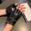 Winter Leather Lambskin Designer Women Fingerless Outdoor Hiking Cycling Gloves Christmas Birthday Gift
