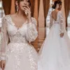 Mangas compridas rendas vestido de casamento feminino ilusão volta apliques colher a linha vestidos de noiva plus size 328 328