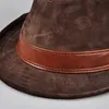 Large Brim Chapeaux Seau Hommes Véritable Cuir Daim Peau De Vache Nubuck Marron Fedora Gentleman Mâle Jazz Hip Pop Caps 56 60 cm Chapeau Ajusté 231101