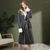 Women's Sleepwear Thickened Hooded Long Robe Nightgown Winter Flannel Bathrobe Simple Solid Coral Fleece Nightwear Casual Nightdress