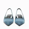 Sandals Blue Denim Slingback Pumps For Women Pointed Toe Kitten Heel Summer Heeled Heels Basic Office Lady Stiletto