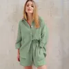 Pyjamas en crêpe pour femmes, ensembles de vêtements de nuit en coton solide, ample, manches longues, short, costume, Cardigan, chemise de nuit pour la maison