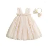 Robes de fille 1-5Y enfants filles fleur brodée robe en tulle avec bandeau bébé sans manches fronde décontracté doux été vêtements pour enfants