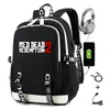 Backpack Red Dead Redemption 2 com USB Charging Boys Girls School Bag Homens Casual Travel Laptop Student Bookbag