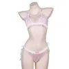 Ani Beach Girl Anime Leuke Roze Geruite Bikini Badpak Badmode Unifrom Vrouwen Kanten Ondergoed Lingerie Outfits Kostuums Cosplay