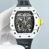 RM11-03 Cronografo automatico flyback in carbonio bianco Orologio da uomo Orologi sportivi di lusso Quadrante scheletrato Orologio da polso svizzero Tonneau Cristallo di zaffiro impermeabile