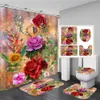 シャワーカーテン蝶の赤いバラと花プリントシャワーカーテンセットアンチスリップラグバスマットバスルームカーテン装飾R231101