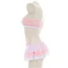 Ani Anime Lolita Girl Pink Cat Chiffon Swimsuit Costume Halter Bell Bow Swimwear Skirt Uniform Set Pool Party Cosplay cosplay