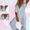 Zomer jumpsuit katoen linnen hoge kwaliteit losse dames jumpsuits mode casual overalls solide short mouw romper dames039s 1814956