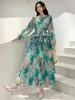 Casual klänningar 2023 Spring Autumn Women Långärmad bälte Slim Dress Högkvalitativ söt veckad tårta Big Hem Floral 6 färger