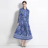 Vintage Floral Maxi Dress Women Designer Long Sleeve Lapel Button Front Bow Belted Ruched Dresses 2023 Spring Autumn Chic Runway Vacation Slim A-Line Party Frocks